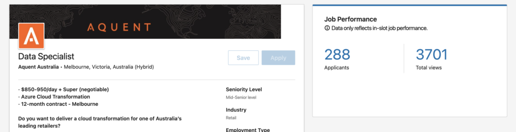 Screenshot of a job ad with the job title: Data Specialist and showing 288 applicants