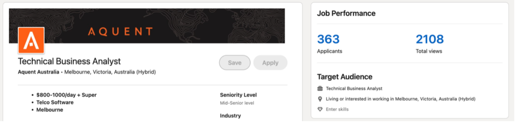 A job ad for a Technical Business Analyst. Shows the performance of the job ad: 363 applicants and 2108 views.